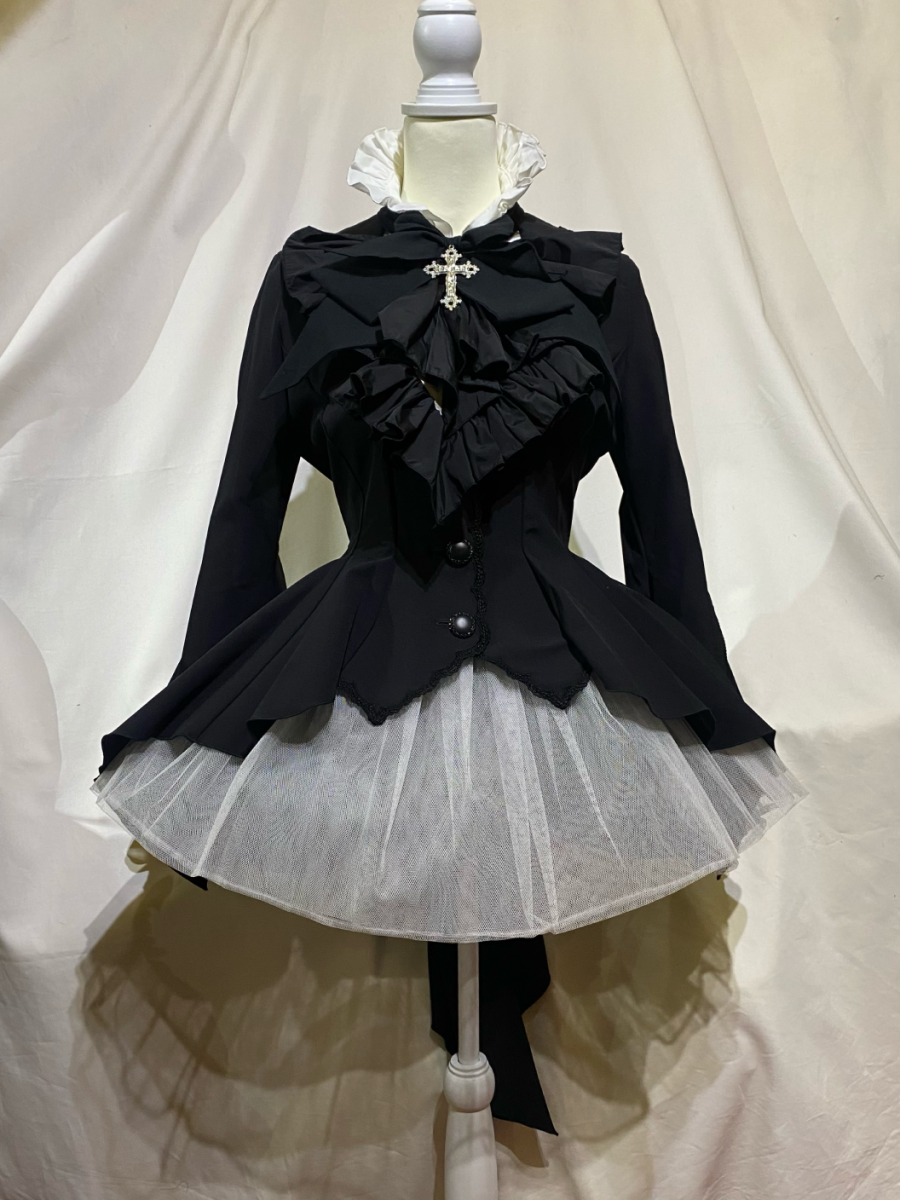 【MARBLE】ボリュームタイ付き ブラウス付き風ジャケット：黒白
