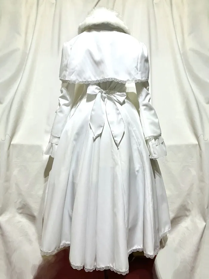 [MARBLE] Marble fur collar cape with decoration cloth + sleeve sideburns long flare coat: White