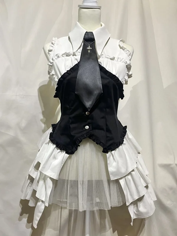 [Marble] Marble Cross Motif Necte Bustier CORSET-Style Blouse Robe: Blanc X Black Stripes x Black Thaïlande