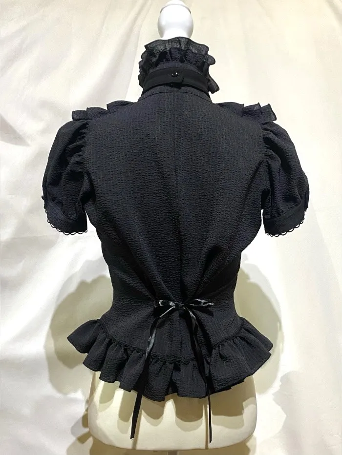 [MARBLE] Marble All-frilled puff sleeve blouse with gothic tie: black stripe
