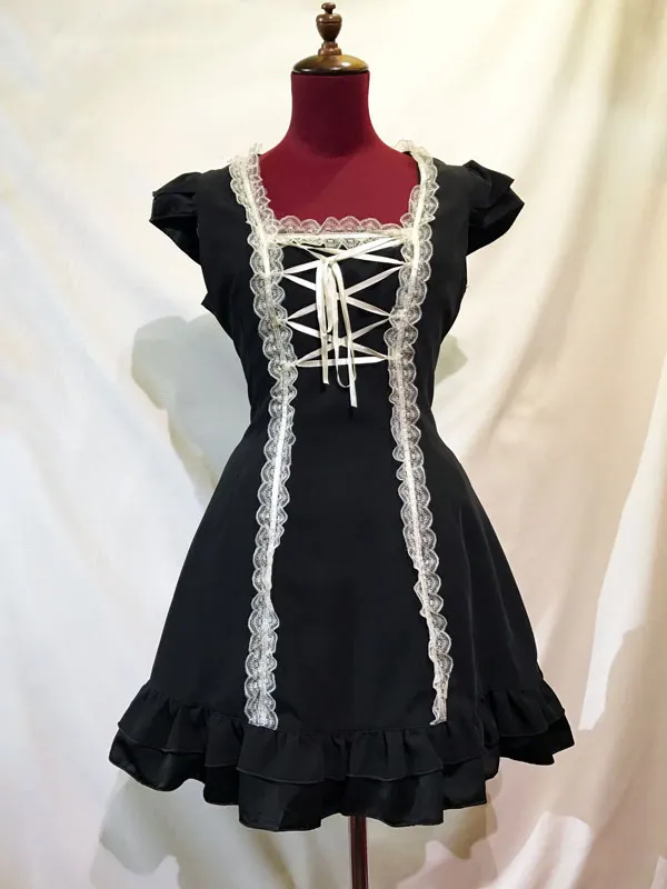 【MARBLE】マーブル　フリル袖編み上げワンピース：黒×白レース×白リボン