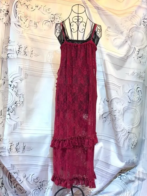 [MARBLE] Marble frilled lace long dress with inner cami dress: red lace