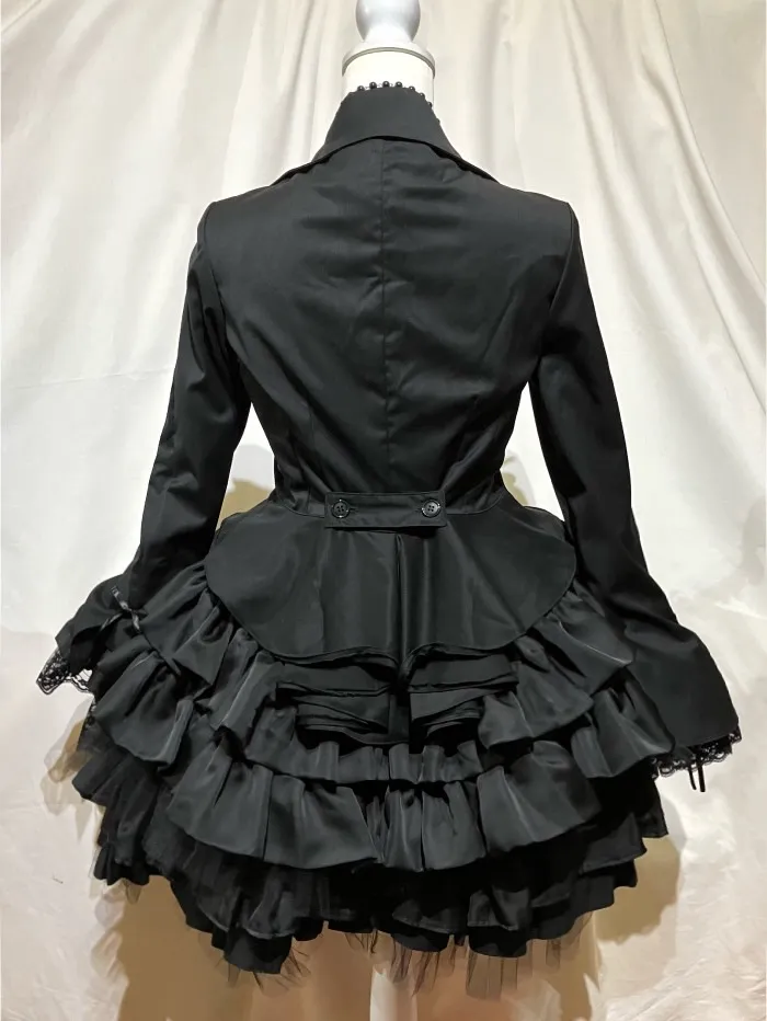 【MARBLE】マーブル　ブラウス付き風レイヤードジャケット+ロザリオネックレス+シャーリングフリル2枚重ねスカート：黒×白