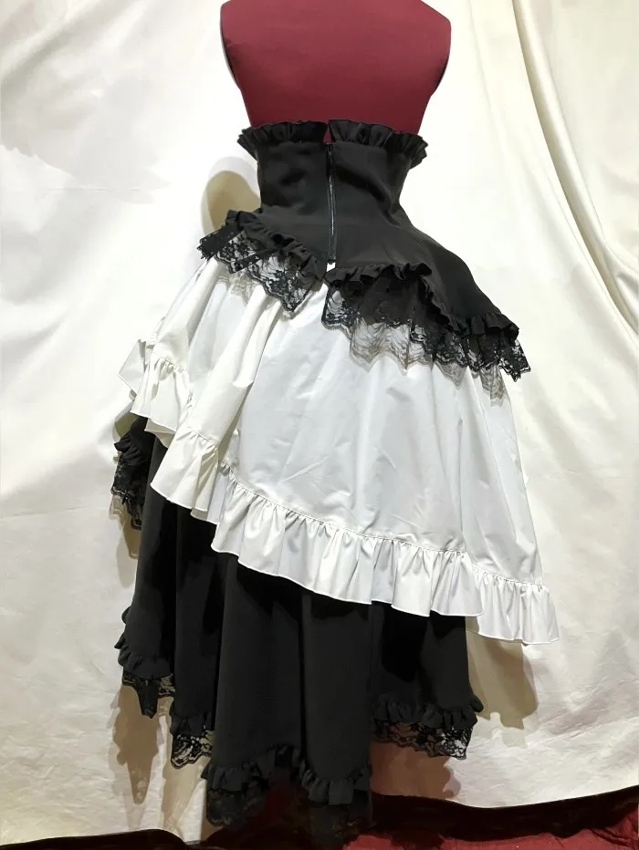 [大理石]带有大理石紧身胸衣螺旋长褶皱裙子的不同材料：白色X白色蕾丝