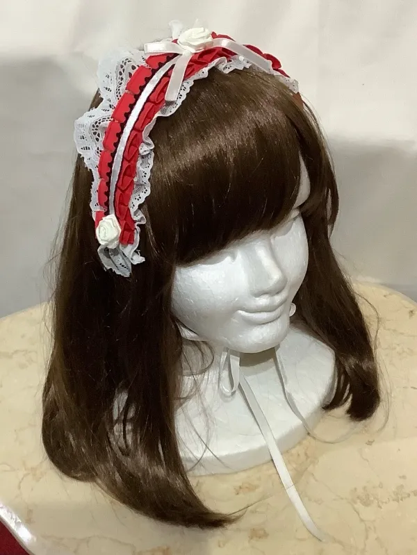 【MARBLE】マーブル　２WAYサテンバラ付きタックプリーツチョーカーorヘッドドレス：赤×白レース