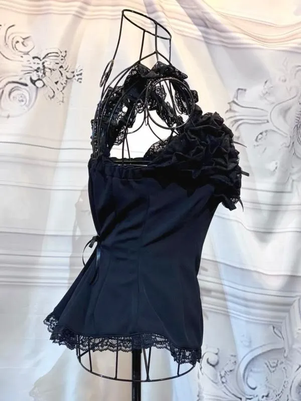 [MARBLE] Marmoriertes Hemd mit Rüschen auf der Brust: Schwarz x schwarze Spitze [Größe L]