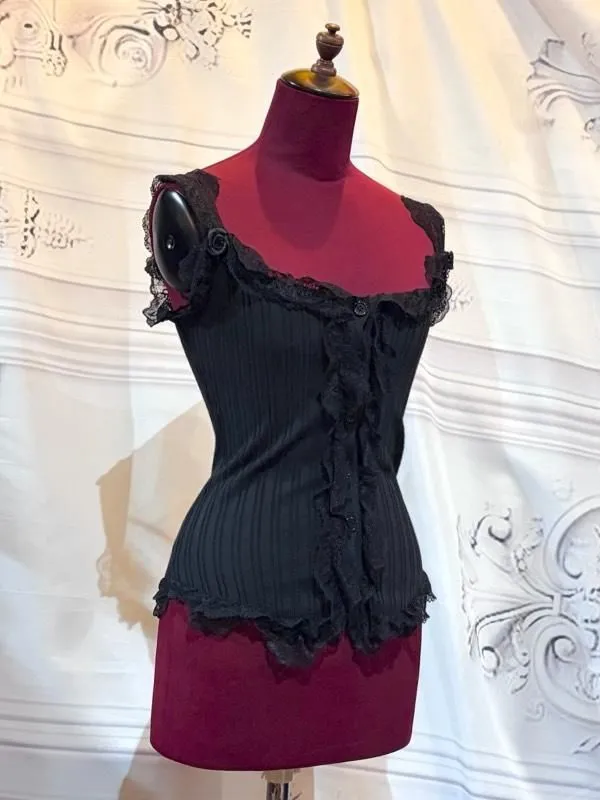 [MARBRE] Caraco ouvert sur le devant en marbre avec roses décoratives en dentelle : roses noires x noires