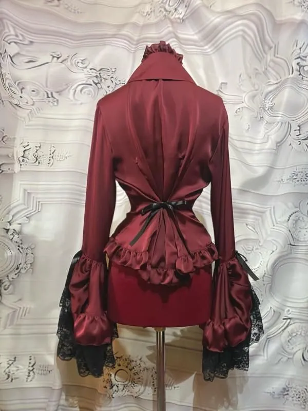 【MARBLE】マーブル　別タイ付きクラシカルデコレーションブラウス：えんじ×黒×黒ﾚｰｽ