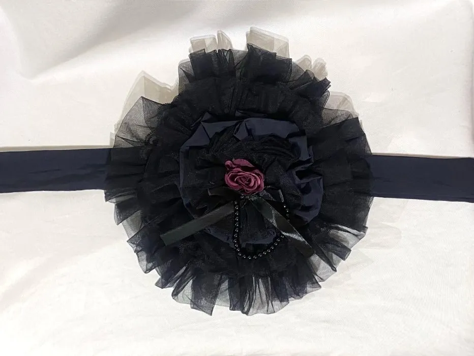 [Marble] Romantic bonnet with marble pearl: black x black rose x black frill x black lace x white pearl