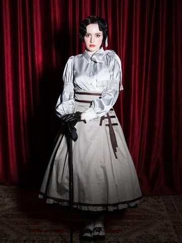 【Victorian maiden】ヴィクトリアンメイデン　★ご予約受付中★  シャイニーストライプメリーボウタイブラウス　オフホワイト/ベージュ/グレージュ/ブラック
