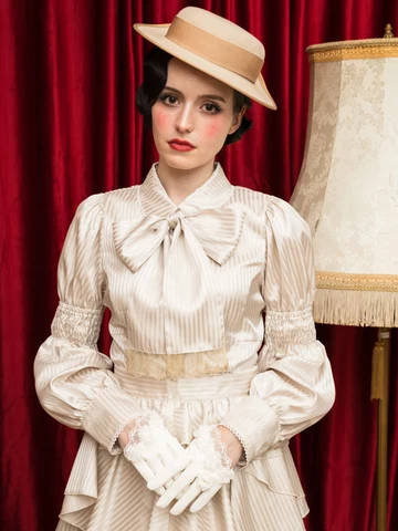 【Victorian maiden】ヴィクトリアンメイデン　★ご予約受付中★  シャイニーストライプメリーボウタイブラウス　オフホワイト/ベージュ/グレージュ/ブラック