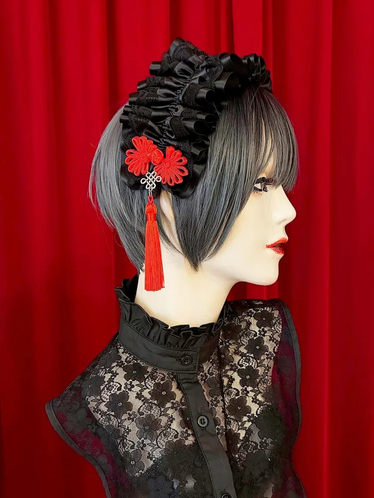 【Estrellas】エストレージャス　アジアンゴシックタッセルカチューシャ／黒×黒／赤タッセル★ウィンターセール2月23日まで★