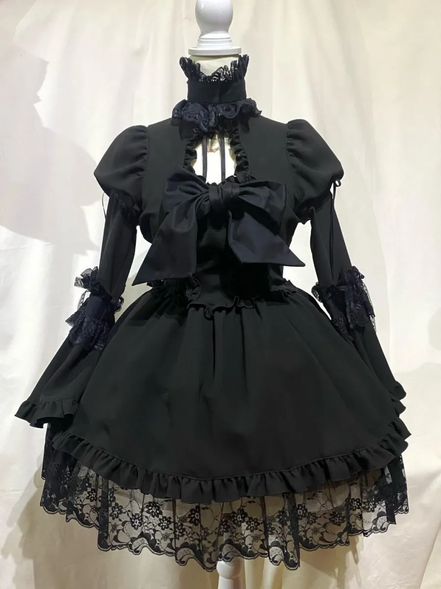 [MARBLE] Victorian dress with choker bustle ribbon: Black L size