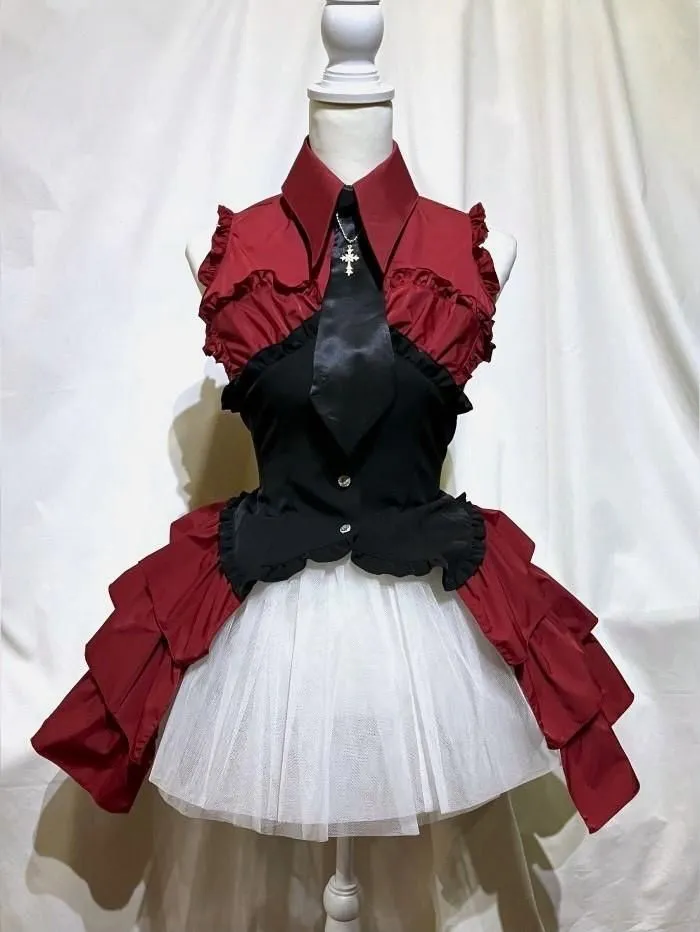 [MARBLE] Marble Cross Motife Tie Bustier Corset -like Blouse Dress: Black x Black x White Gothic Pattern Thailand