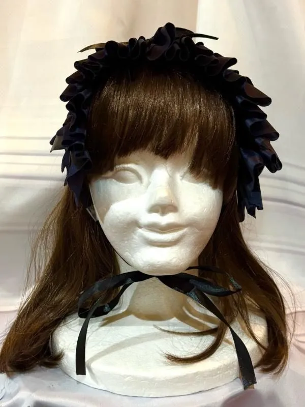 【MARBLE】マーブル　リボンフリルヘッドドレス:紺トリコット×黒サテンリボン