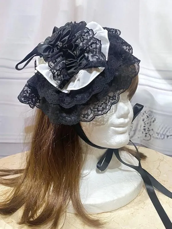 [Marble] Marble Rose Decoration Lady Bonnet: White X Black Lace