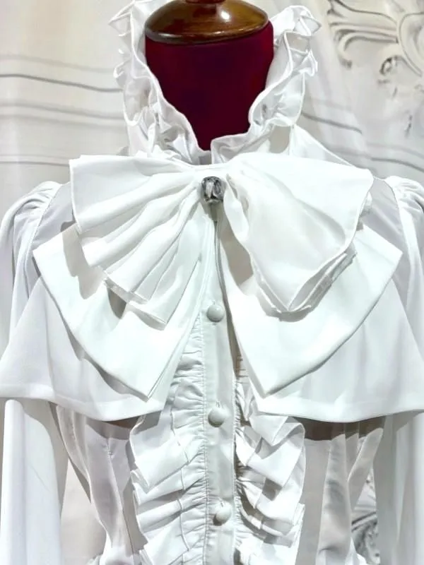 [Marmor] Ribbon Typhrill Bluse mit Marmor Bijou: Weiß ◆ L Größe ◆