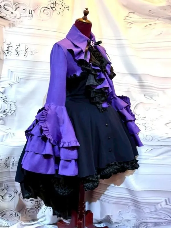 【MARBLE】マーブル　ドレープタイ付きゴシックエレガンスブラウスワンピース：紫×濃紺