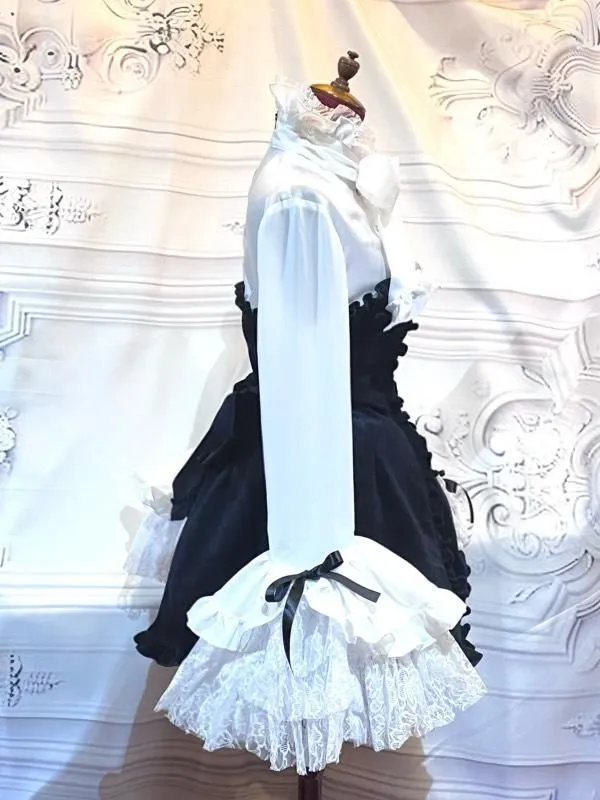 【MARBLE】マーブル　ブラウス付き風ワンピース+ボリュームリボンフリルスカート+リボンコサージュ：白×黒ベロア(スカート：白レース×黒)