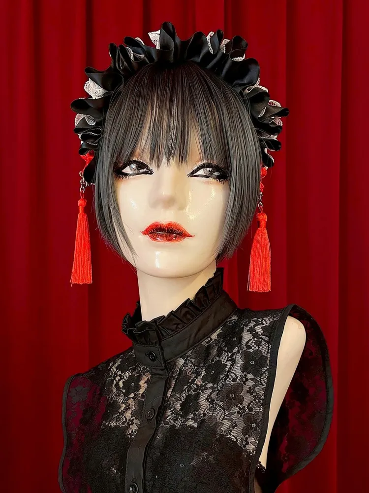 【Estrellas】エストレージャス　アジアンゴシックタッセルカチューシャ／黒×白／赤タッセル★ウィンターセール2月23日まで★