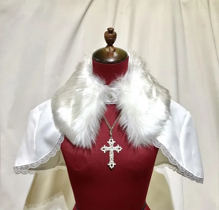[MARBLE] Marble fur collar cape with decoration cloth + sleeve sideburns long flare coat: White