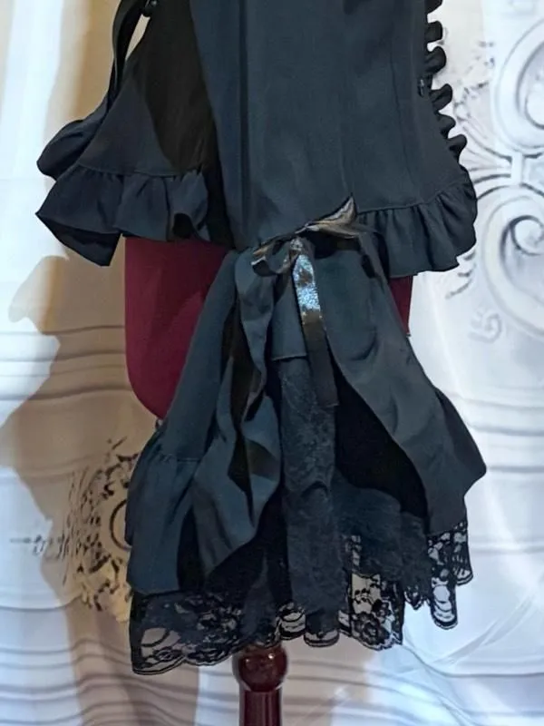 [MARBLE] Marble Classical Decoration Blouse with Separate Tie: Black x Black Stripe x Black Lace