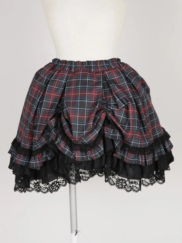 【MARBLE】マーブル　ネクタイ型フリルタイ付きパフスリーブブラウス+前ギャザースカラップスカート：黒えんじチェック×黒タイ×黒レース