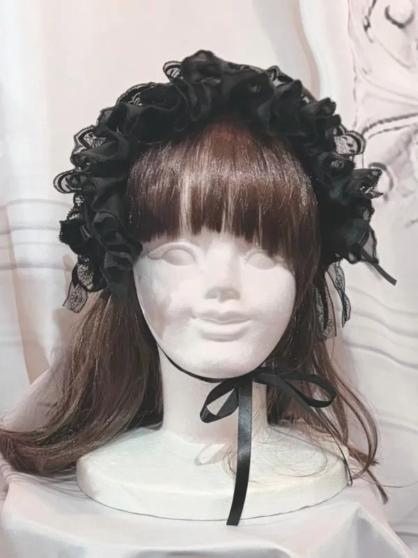 【MARBLE】マーブル　バラ付きボリュームヘッドドレス：黒(やわらかい生地)×黒レース×黒バラ