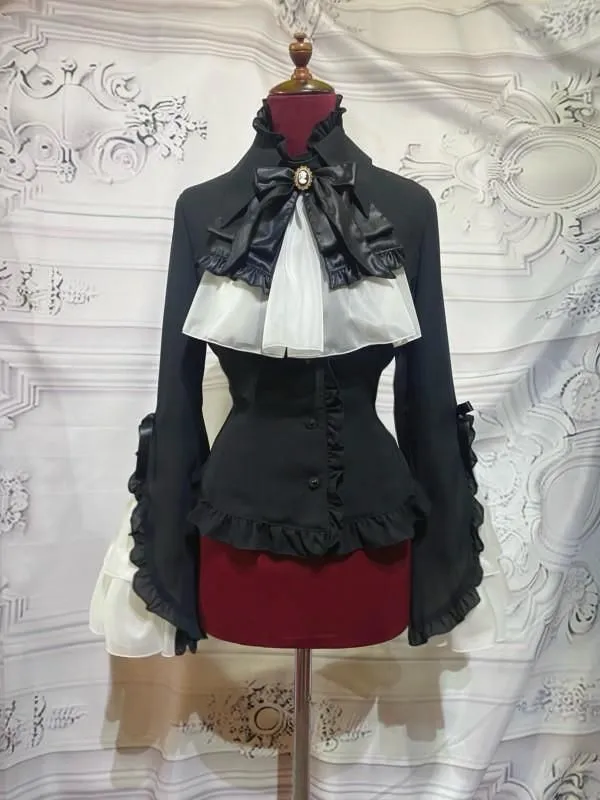 MARBLE カメオタイ付き後編み上げブラウスフリル 白Ｘ黒 MARBLE】マーブル カメオタイ付き後編み上げブラウス：グレイッシュ