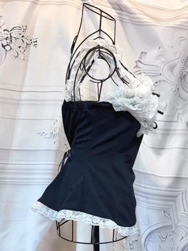 [MARBRE] Camisole à volants sur la poitrine en marbre : dentelle noire x blanche [taille L]