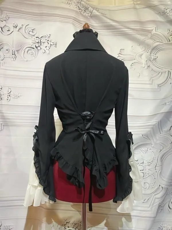 [MARBLE] Marble Lace-up Blouse with cameo tie: Black