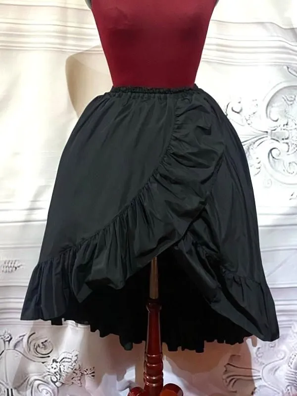 [大理石]带大理石丝带的长卷褶皱裙子：黑色