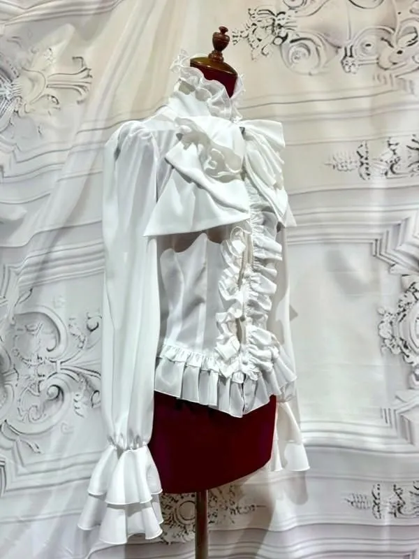 【MARBLE】マーブル　ビジュー付きリボンタイフリルブラウス：白　