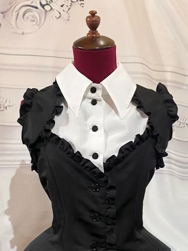 [Marble] Boîte de style marbre Robe plissée avec chemisier à cravate: Black Stripe x White x Black cravate
