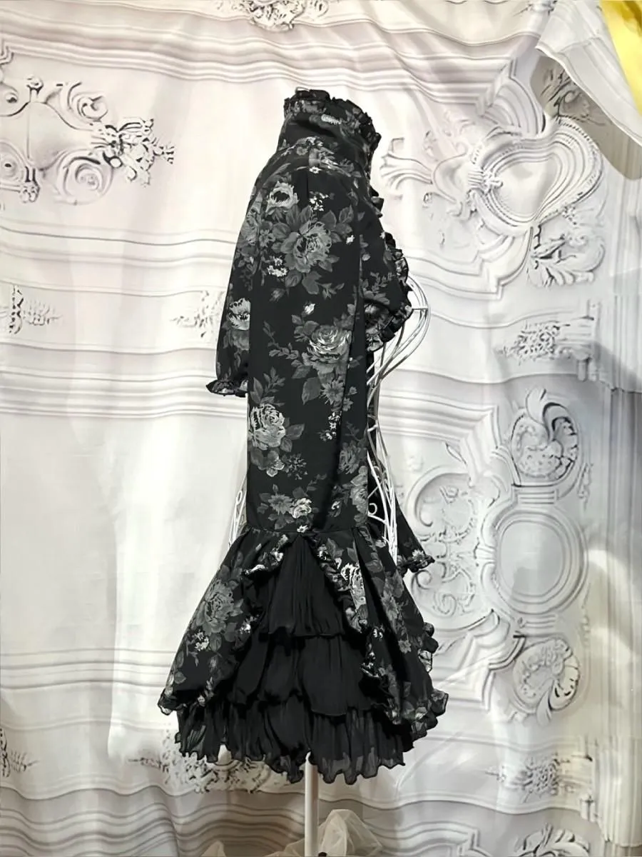 [Marmor] Marmor-Farbstil Bolero mit farbig dekorativem Kleid: Graues Rosenmusterkleid