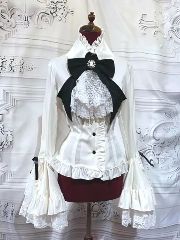 【MARBLE】マーブル　別タイ付きクラシカルデコレーションブラウス：白×黒×白ﾚｰｽ