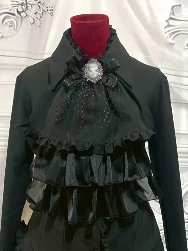 [Mármol] Marble Gótico Elegancia Asimétrica Conjunto de vestimenta de ángel caída: Velor negro x Ruffles de encaje negro x Cameo de oro antiguo