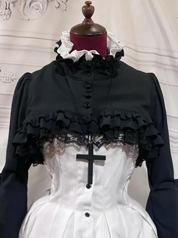 【MARBLE】マーブル　クラシカル調ロングブラウスワンピース+ショート丈モダンジャケット+十字架ネックレス：白×黒