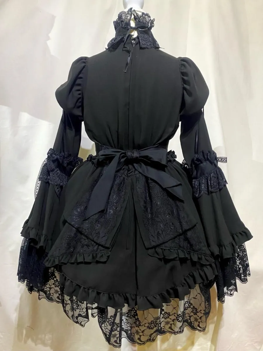 [MARBLE] Victorian dress with choker bustle ribbon: Black L size