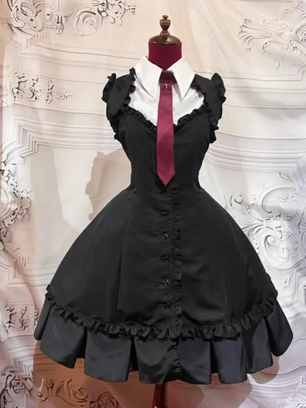 [Mármol] Vestido plisado de caja de estilo de mármol con blusa de corbata: franja negra x blanco x corbata negra