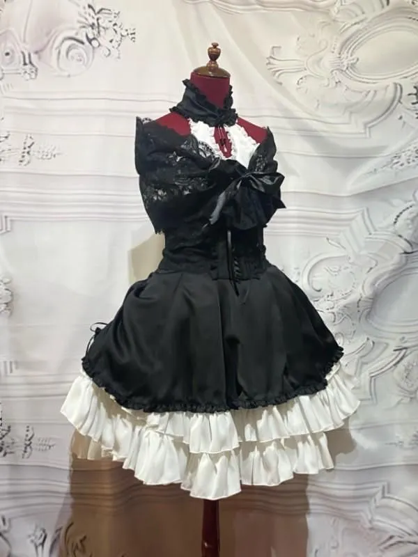 [Marble] Robe féminine en marbre avec accessoires + châle en dentelle + ceinture en dentelle: noir
