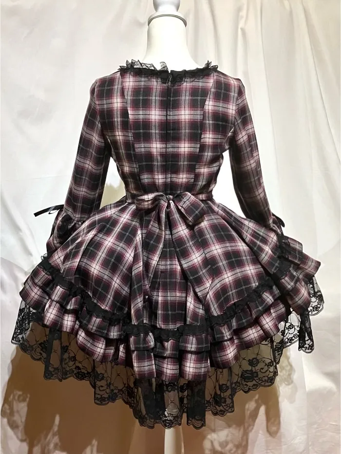 【MARBLE】マーブル　編み上げ総フリルドレスワンピース:黒赤チェック×黒レース