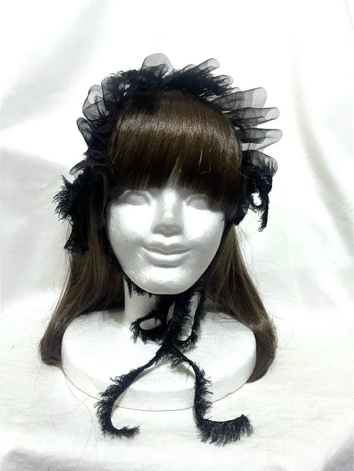 [Marble] Marble fringe ribbon frilled headdress black tulle net