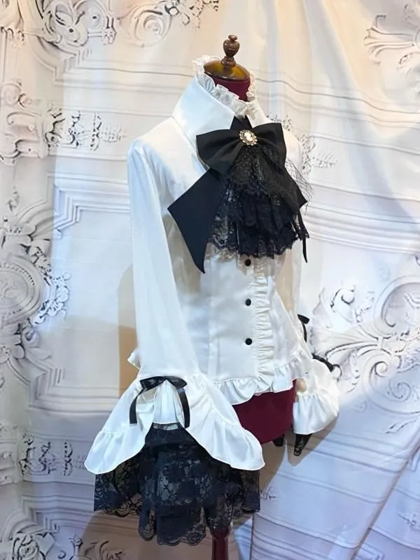 [Marbre] Blouse de décoration classique en marbre avec cravate séparée: blanc x noir x race blanche