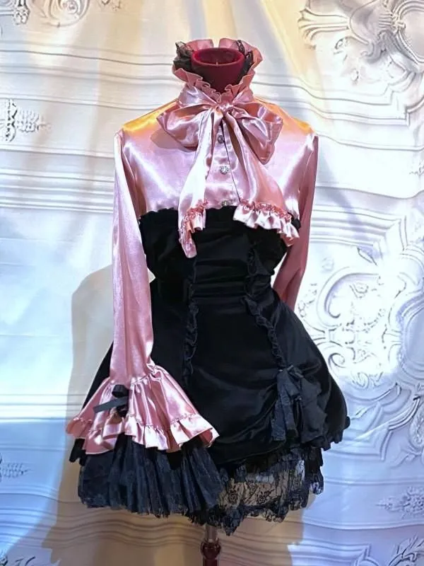 【MARBLE】マーブル　ブラウス付き風ワンピース+ボリュームリボンフリルスカート+リボンコサージュ：ピンク×黒ベロア(スカート：黒レース×黒ベロア)