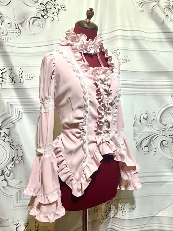 [大理石]大理石螺丝 - 风格的泡芙袖衬衫+puji-含式蕾丝装饰分层裙子：黑色X黑色蕾丝