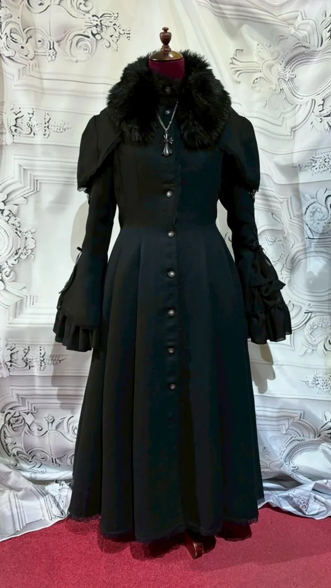 [대리석] 대리석★판매 자격이 없습니다★ 장식 크로스+슬리브 긴 플레어 코트 : 검은 색으로 칼라 케이프