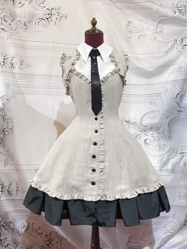 [Mármol] Vestido plisado de caja de estilo de mármol con blusa de corbata: franja negra x blanco x corbata negra