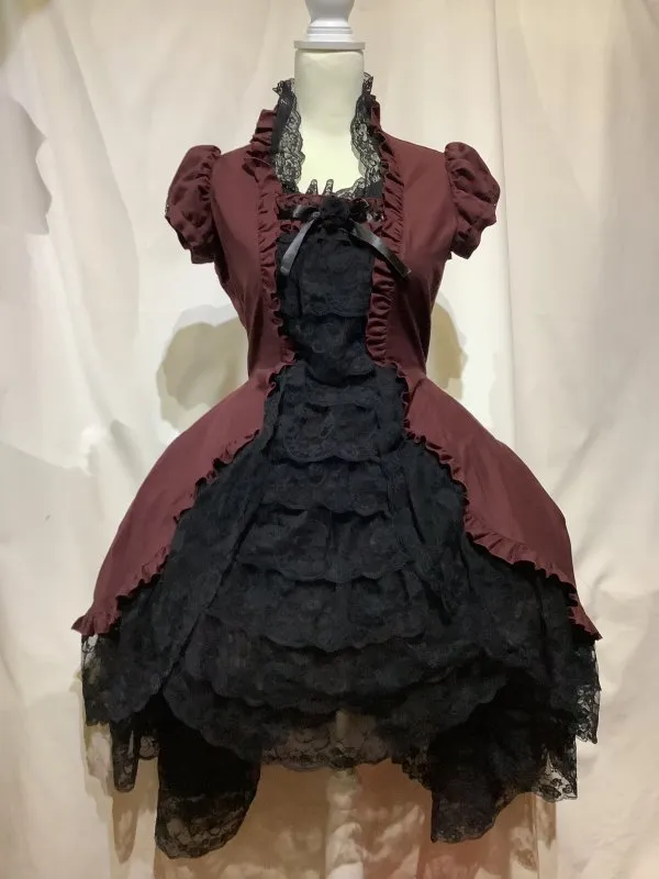 【MARBLE】マーブル　造形美ドレスワンピース：えんじ×黒レース