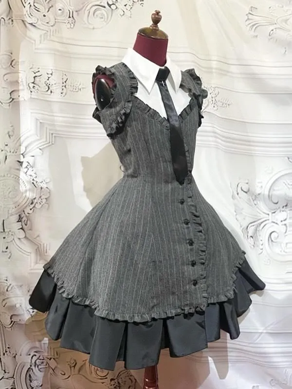 [Mármol] Vestido plisado de caja de estilo de mármol con blusa de corbata: franja negra x blanco x corbata negra